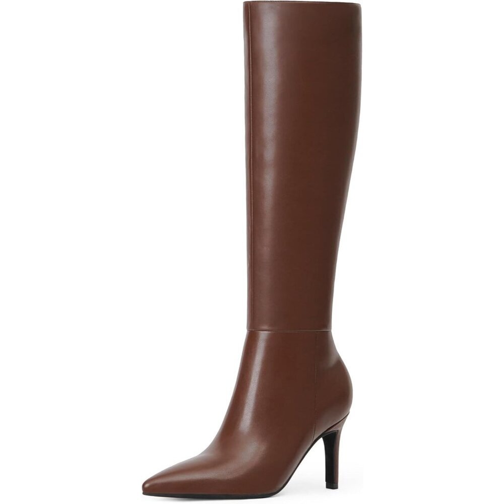 🆕Women Brown Faux Leather Pointed Toe Tall  Stiletto Heel Zipper Dress Boots - Picture 2 of 8